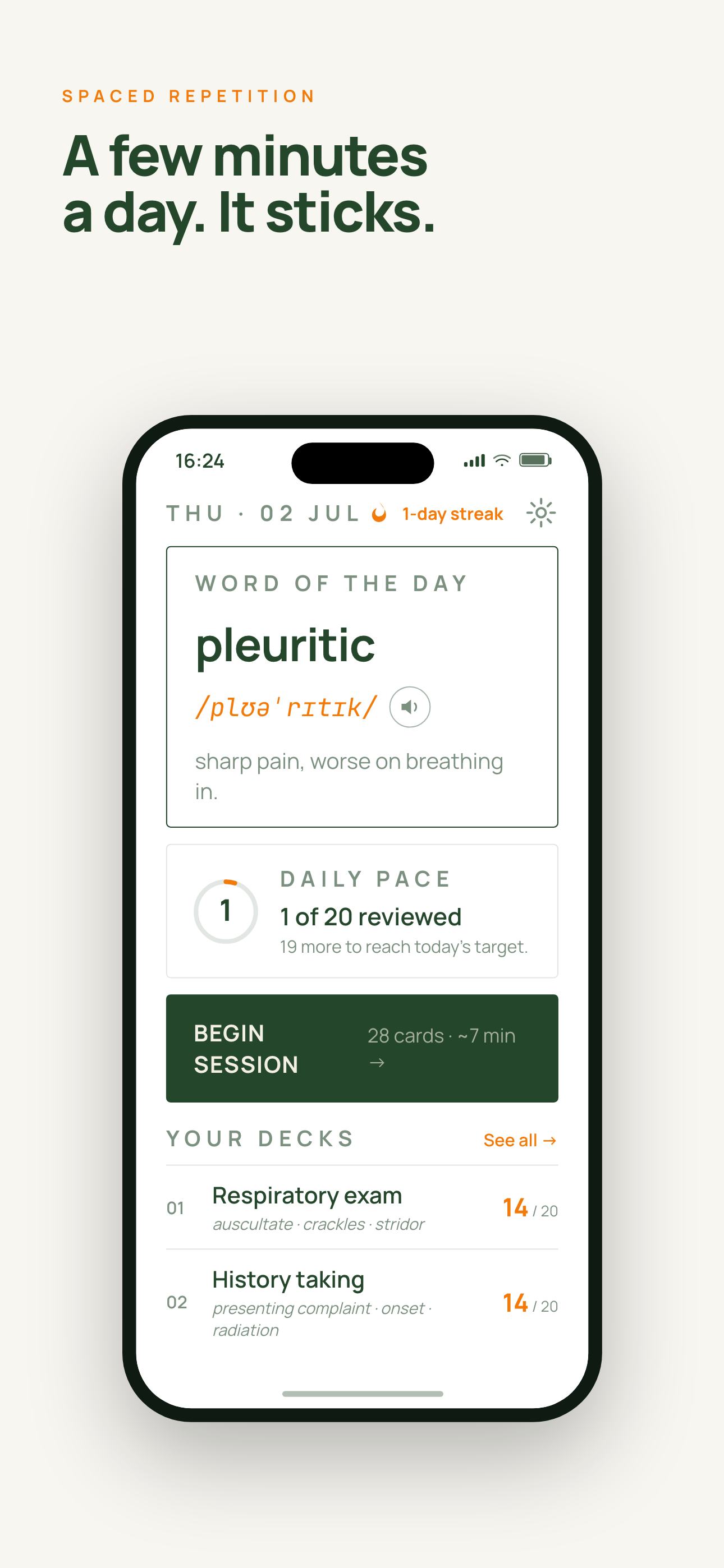 Today: streak, daily pace, and Begin session